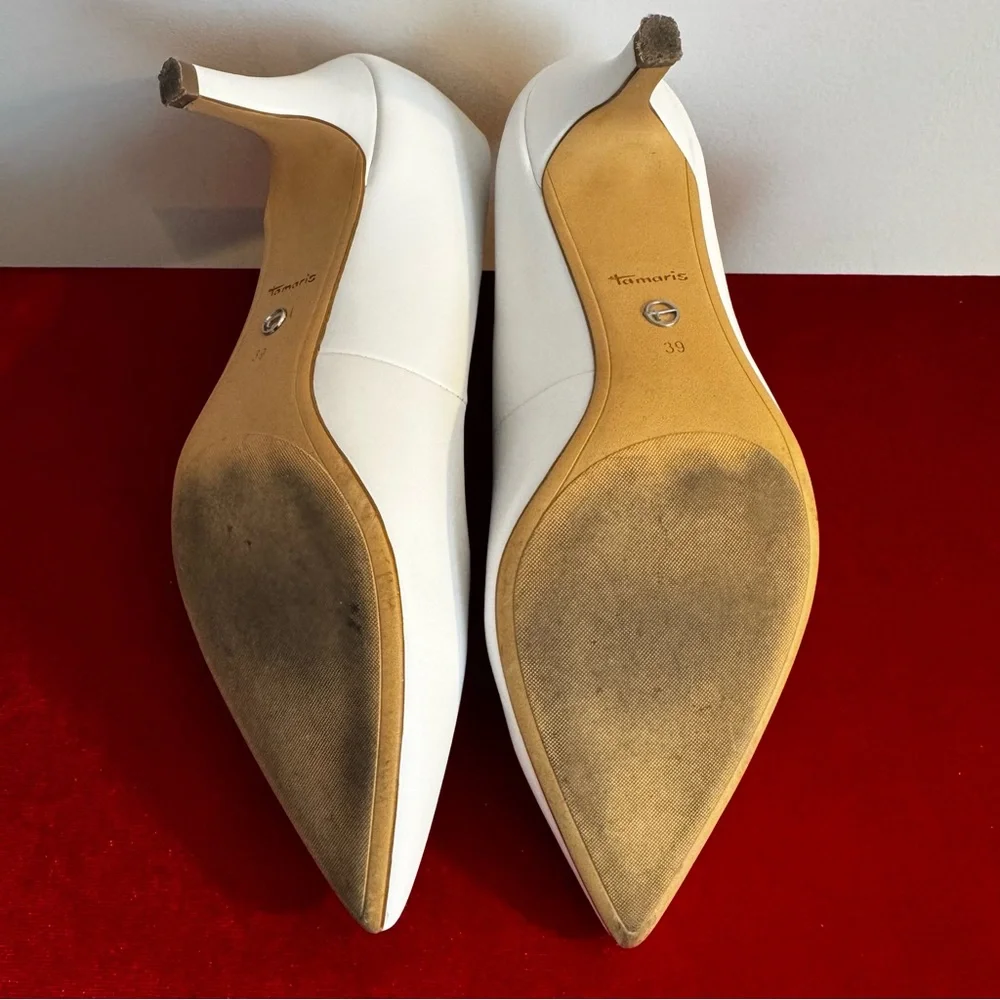Tamaris White Pointed Toe Pumps Heels - "Touch-it" Comfort Footbed - Size 39 - Picture 11 of 12